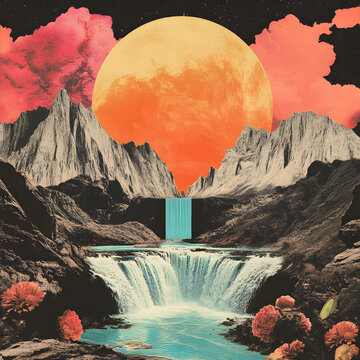 夢(mèng)幻瀑布與圓月景觀