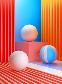 彩色球體和條紋墻壁的抽象 3D 背景