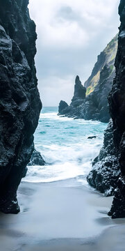 黑色火山巖包圍的沙灘和碧藍(lán)海洋