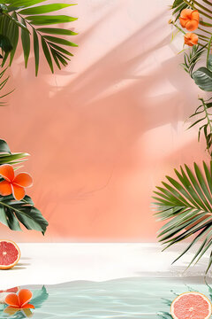 熱帶夏季背景，棕櫚葉和粉色墻壁