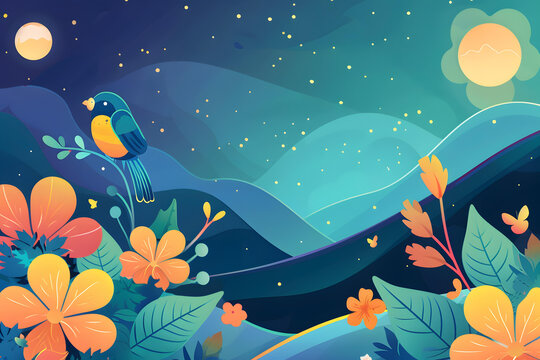 夜晚星空花朵和鳥兒