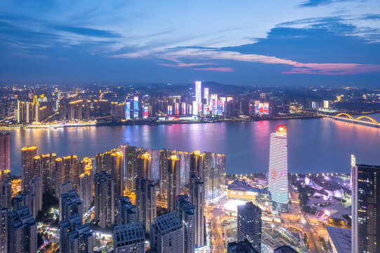 航拍長沙湘江兩岸城市夜景