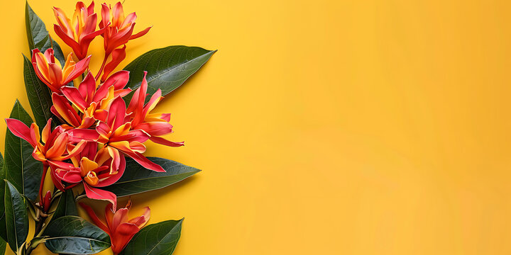 黃色背景上的紅色和黃色花朵