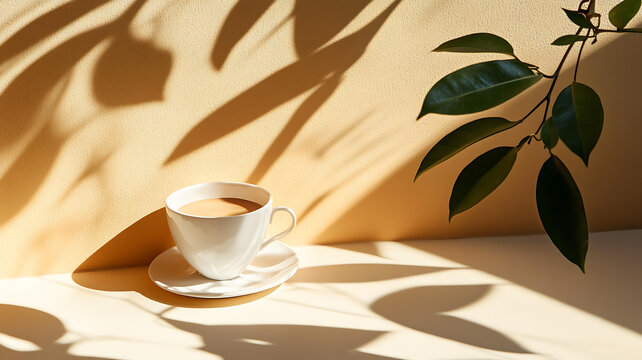 陽光灑落在咖啡杯上，綠葉的陰影映襯著白色瓷器
