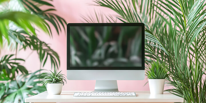 粉色墻壁上綠植背景的電腦桌