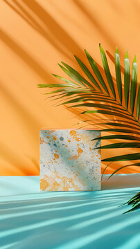 夏季簡約產(chǎn)品展示背景，棕櫚葉和抽象形狀