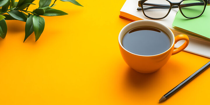 黃色背景綠葉和咖啡杯