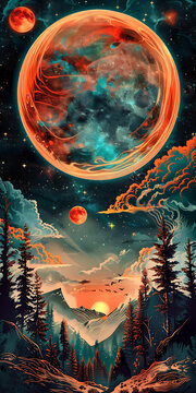紅色月亮與星空下的夢幻森林