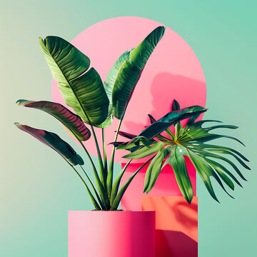 粉色和綠色背景中的熱帶植物