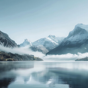 云霧繚繞的雪山湖泊景觀