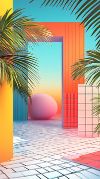 3D渲染抽象幾何圖形與棕櫚樹