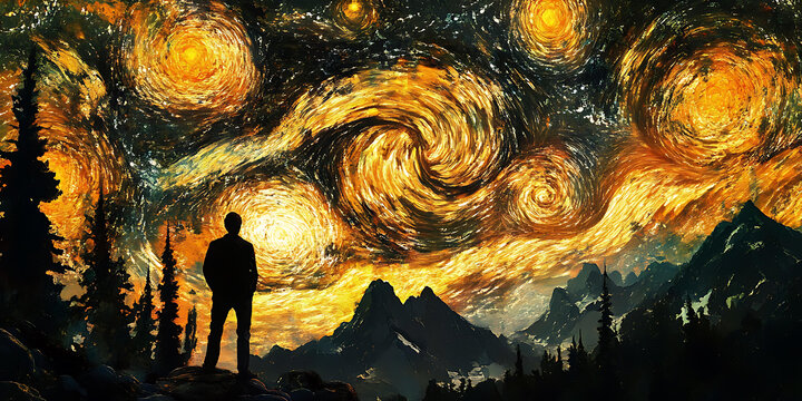 星空下，山脈前，孤影佇立