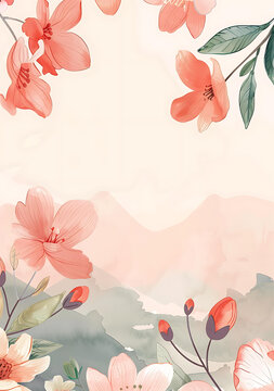 水彩粉色花朵和山脈風(fēng)景