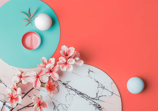 粉色花朵和彩色圓形構(gòu)成的極簡(jiǎn)主義平鋪