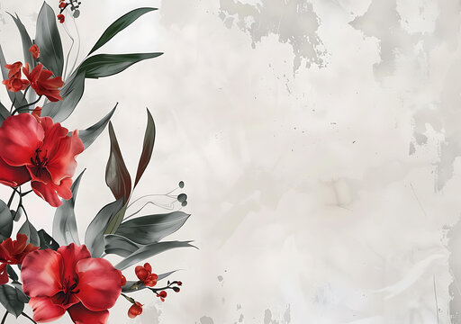 紅色花朵綠色葉子白色背景花卉設(shè)計(jì)