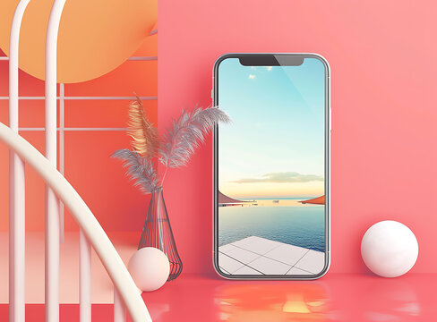 極簡主義手機模型，海灘場景