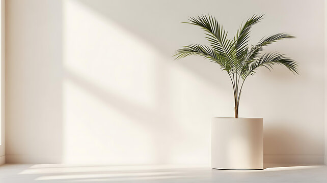 極簡白色房間內(nèi)景，擺放棕櫚植物