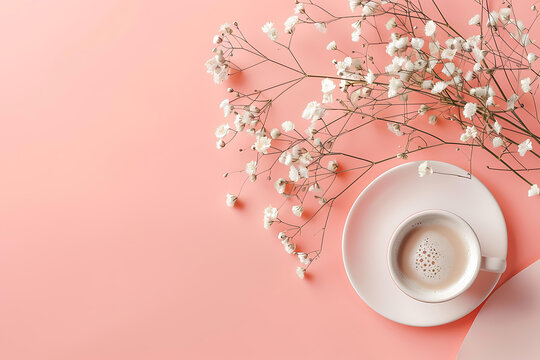 粉色背景上的咖啡杯和花朵的平鋪