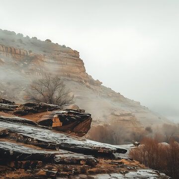 霧氣籠罩的巖石山景