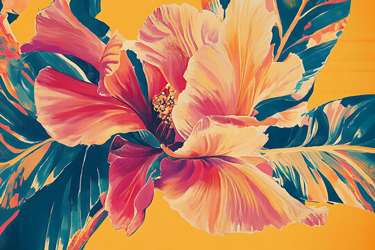 粉色花卉特寫油畫