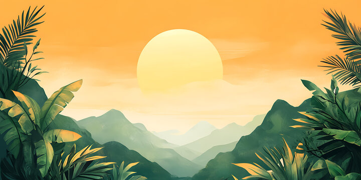 熱帶日落風(fēng)景，綠色山脈和棕櫚葉