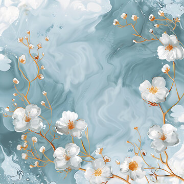 抽象藍(lán)色白色花卉水彩畫