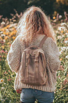 花海中背著背包的女性