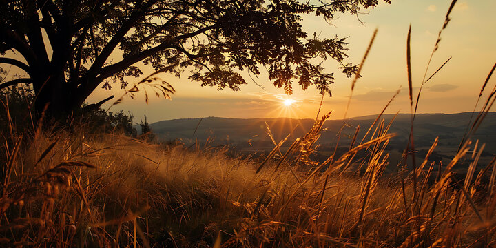 樹蔭下的夕陽美景