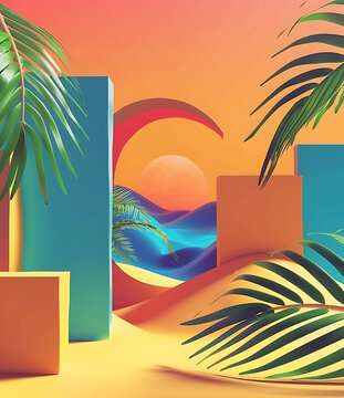 抽象夏季日落場景，棕櫚樹與幾何圖形