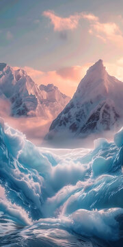 雪山和海浪在日落時的壯麗景象