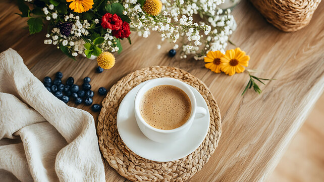 木桌上咖啡杯、花朵和藍莓的早晨