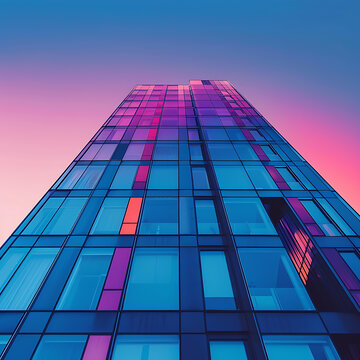 玻璃幕墻建筑夕陽下的霓虹燈