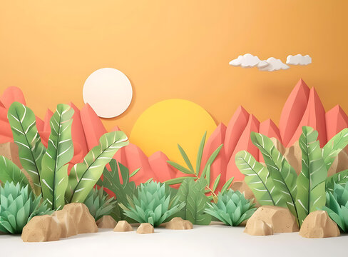 紙藝夏季山脈與熱帶植物景觀