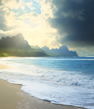 熱帶海灘風(fēng)景，郁郁蔥蔥的山脈和泡沫波浪