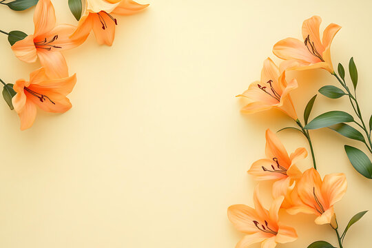 橙色百合花在淺黃色背景上