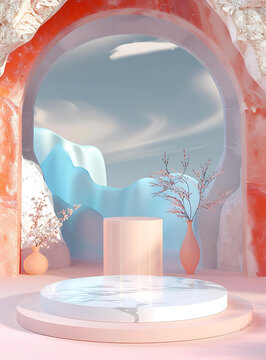 粉色花瓶與大理石平臺(tái)的抽象極簡(jiǎn)3D場(chǎng)景