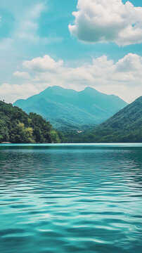 山間碧水藍天白云風景