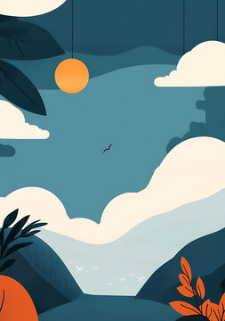 抽象風(fēng)格的風(fēng)景，天空，云朵，太陽和飛鳥