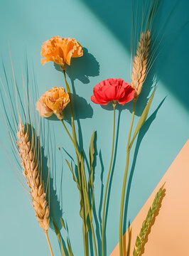 藍色黃色背景上的夏季花卉與小麥