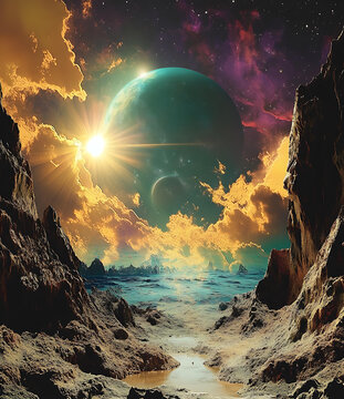幻想星球上的日出景觀