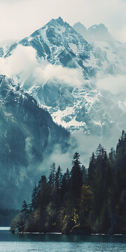云霧繚繞雪山湖泊風(fēng)景