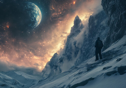 站在雪山頂峰眺望遠方星球的男人