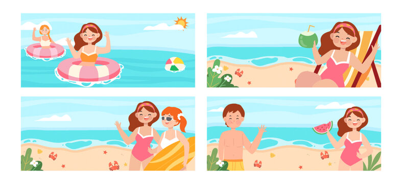 夏日沙灘海浪矢量插畫海報