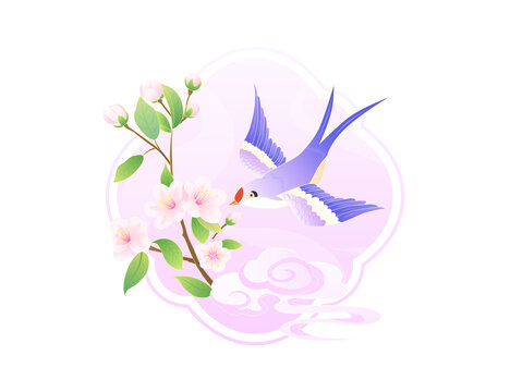 桃花喜鵲和祥云扁平矢量插畫
