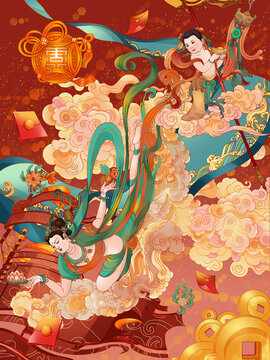 蛇年善財童子紅包祝福插畫