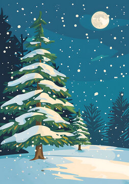冬夜雪景森林全景