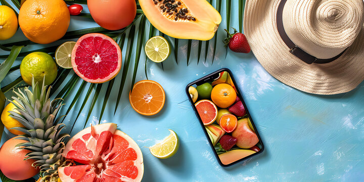 藍(lán)色背景上的夏季水果和手機(jī)上的相似