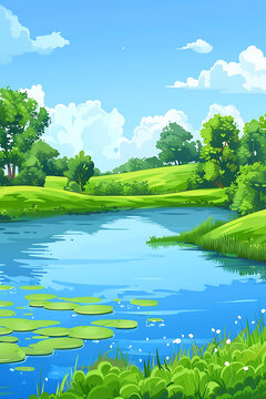 夏日風(fēng)景：綠草藍(lán)湖白云