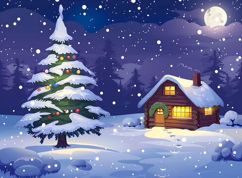 冬夜雪景，圣誕樹(shù)和溫馨小屋