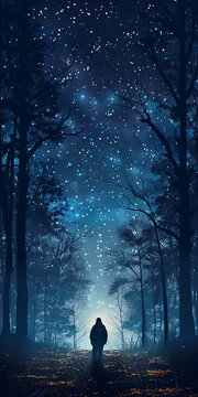 夜晚星空下森林中站立的剪影